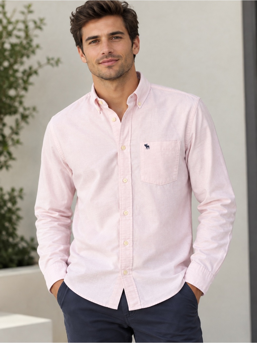 Abercrombie & Fitch Men's Pale Pink Long-Sleeve Button-Up Shirt